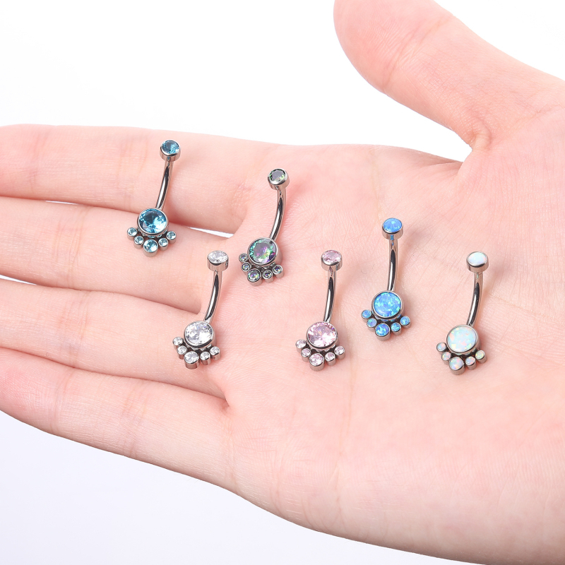 Nabas gredzens: G23 titāna saka, dimantu apdare, cirkons un opāla kristāli, iekšējā vītne, cilindrisks formāts, Jane Ping T d1612w-0288