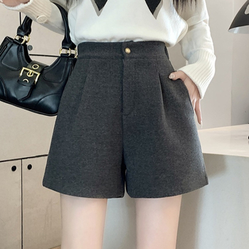 Korejski stil A-line vuneni šorc za žene, visok pojas, zatvarač, kratka duljina