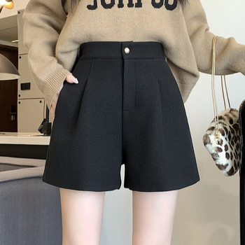 Korejski stil A-line vuneni šorc za žene, visok pojas, zatvarač, kratka duljina
