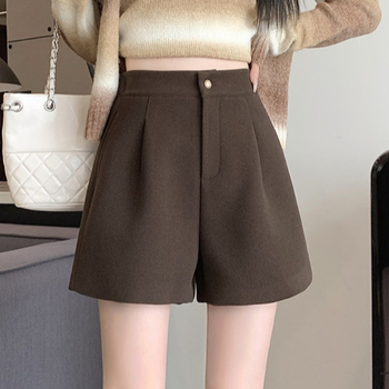 Korejski stil A-line vuneni šorc za žene, visok pojas, zatvarač, kratka duljina