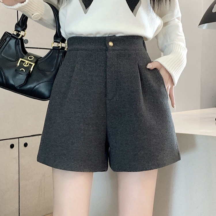 Korejski stil A-line vuneni šorc za žene, visok pojas, zatvarač, kratka duljina