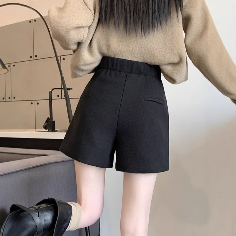 Korejski stil A-line vuneni šorc za žene, visok pojas, zatvarač, kratka duljina