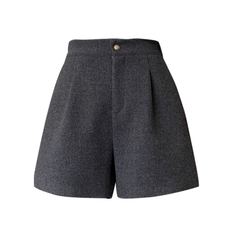 Korejski stil A-line vuneni šorc za žene, visok pojas, zatvarač, kratka duljina