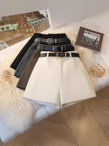 Pantaloni scurți din lână pentru femei, talie înaltă, croială în formă de A, largi, iarnă 2024