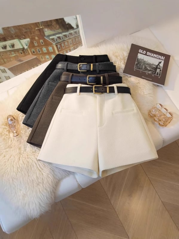 Pantaloni scurți din lână pentru femei, talie înaltă, croială în formă de A, largi, iarnă 2024