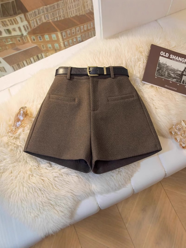 Pantaloni scurți din lână pentru femei, talie înaltă, croială în formă de A, largi, iarnă 2024