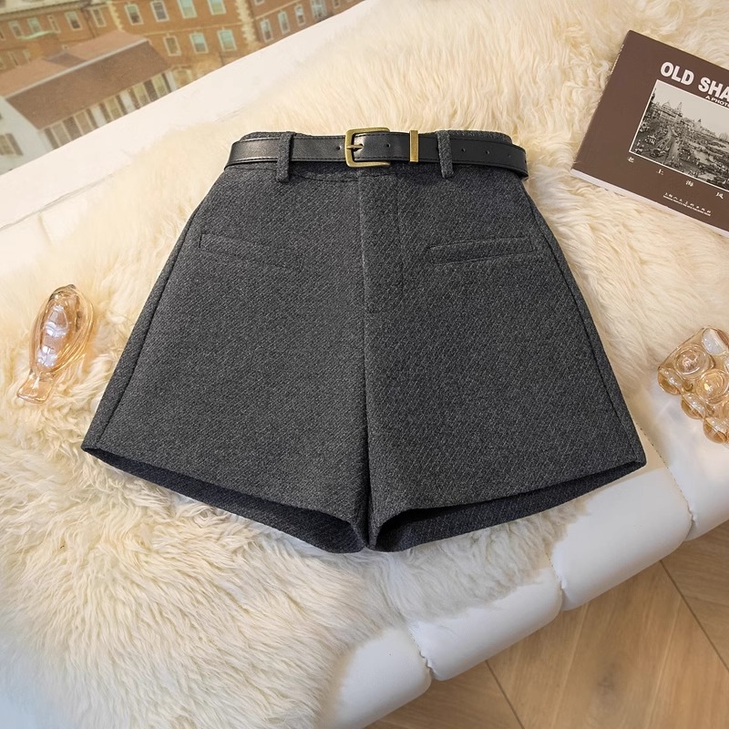 Pantaloni scurți din lână pentru femei, talie înaltă, croială în formă de A, largi, iarnă 2024