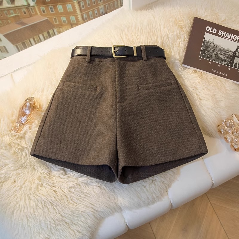 Pantaloni scurți din lână pentru femei, talie înaltă, croială în formă de A, largi, iarnă 2024