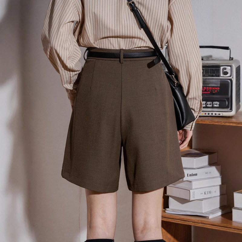 Ženske casual hlače, visokim strukom, ravni kroj, poluduga dužina, tkanina od poliestera i spandexa