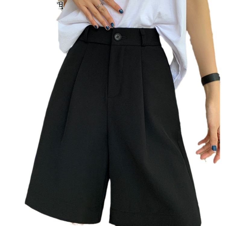 Crne ženske kratke hlače u stilu odijela za ljeto, visoki pojas, opušten kroj, lagani ice silk materijal, plus veličina, A‑linija