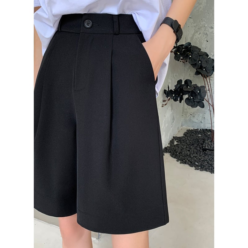 Crne ženske kratke hlače u stilu odijela za ljeto, visoki pojas, opušten kroj, lagani ice silk materijal, plus veličina, A‑linija
