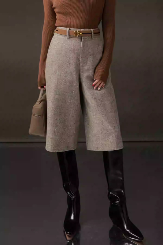 Γυναικείοι παντελόνες από μαλλί με ανάμικτο ύφασμα, ίσιο κόψιμο, μεσαία μέση, μήκος πέντε σημείων, μικροελαστικότητα, Άνοιξη 2025