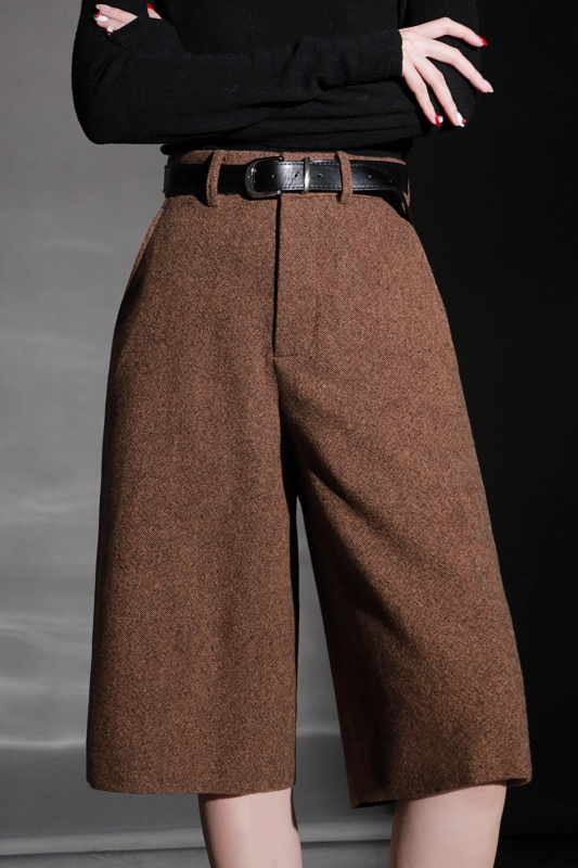 Γυναικείοι παντελόνες από μαλλί με ανάμικτο ύφασμα, ίσιο κόψιμο, μεσαία μέση, μήκος πέντε σημείων, μικροελαστικότητα, Άνοιξη 2025