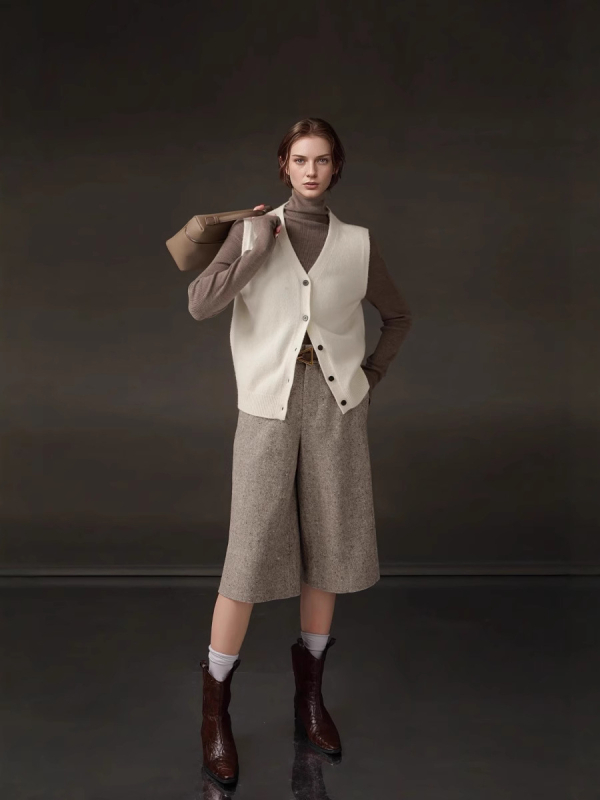 Γυναικείοι παντελόνες από μαλλί με ανάμικτο ύφασμα, ίσιο κόψιμο, μεσαία μέση, μήκος πέντε σημείων, μικροελαστικότητα, Άνοιξη 2025