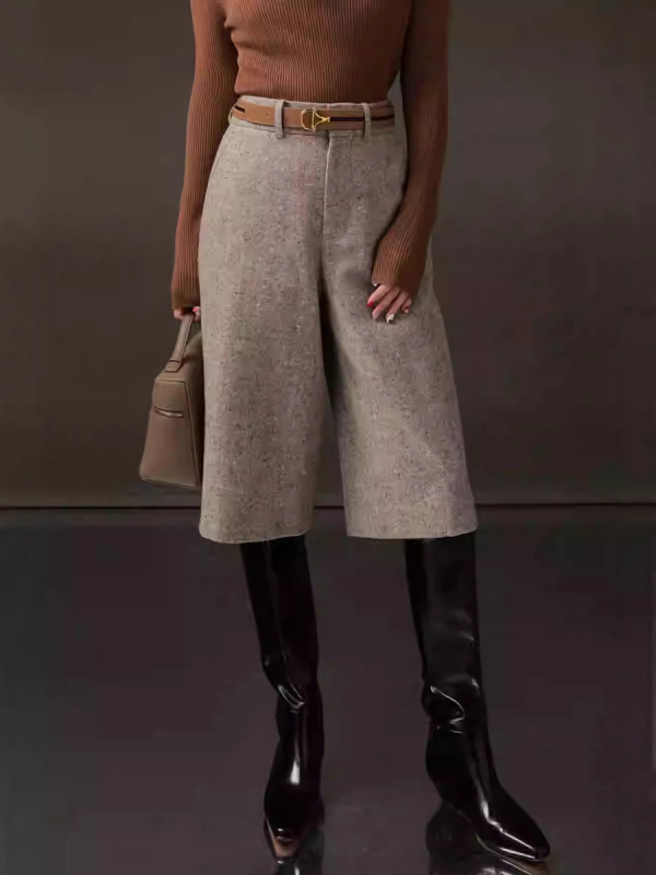 Γυναικείοι παντελόνες από μαλλί με ανάμικτο ύφασμα, ίσιο κόψιμο, μεσαία μέση, μήκος πέντε σημείων, μικροελαστικότητα, Άνοιξη 2025