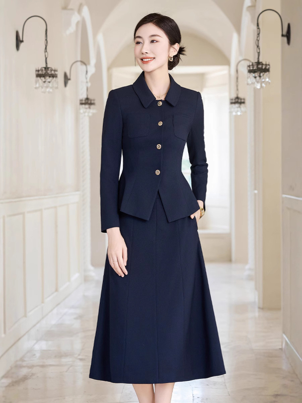 Sieviešu profesionālais divdaļīgais kostīms mācību intervijām – slaida garā kleita ar žaketi, poliestera un kokvilnas maisījums, garas piedurknes