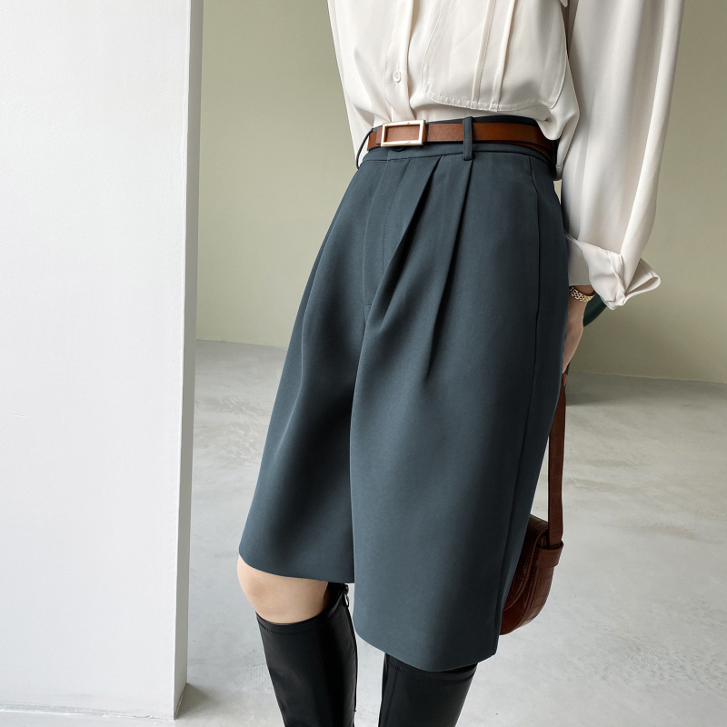 Cistanche Zhi Ženské capri nohavice s vysokým pásom – rovný strih, voľný strih, polyester-spandex, casual štýl, japonsko-kórejský oddychový štýl, jeseň 2023