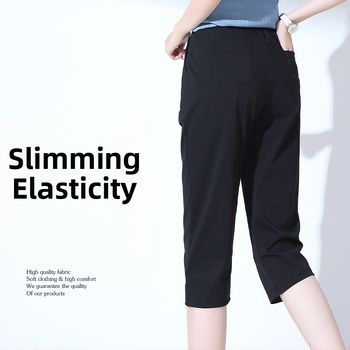 Dámske cropped nohavice z polyesteru, vysoký pás, mikroelastickosť, rovný strih, 50–70% polyester