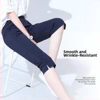 Dámske cropped nohavice z polyesteru, vysoký pás, mikroelastickosť, rovný strih, 50–70% polyester