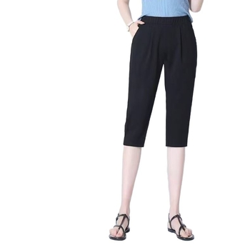 Dámske cropped nohavice z polyesteru, vysoký pás, mikroelastickosť, rovný strih, 50–70% polyester