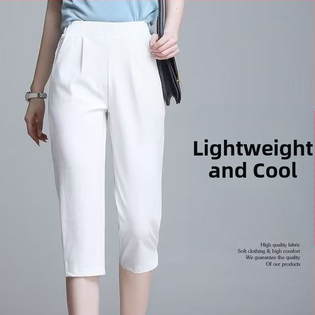 Dámske cropped nohavice z polyesteru, vysoký pás, mikroelastickosť, rovný strih, 50–70% polyester