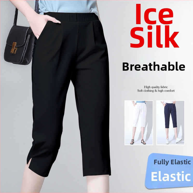 Dámske cropped nohavice z polyesteru, vysoký pás, mikroelastickosť, rovný strih, 50–70% polyester
