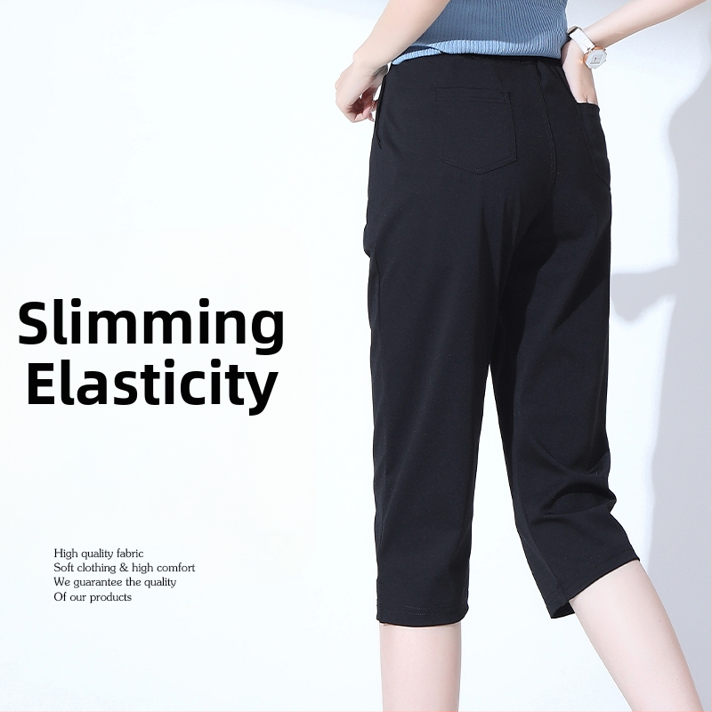 Dámske cropped nohavice z polyesteru, vysoký pás, mikroelastickosť, rovný strih, 50–70% polyester