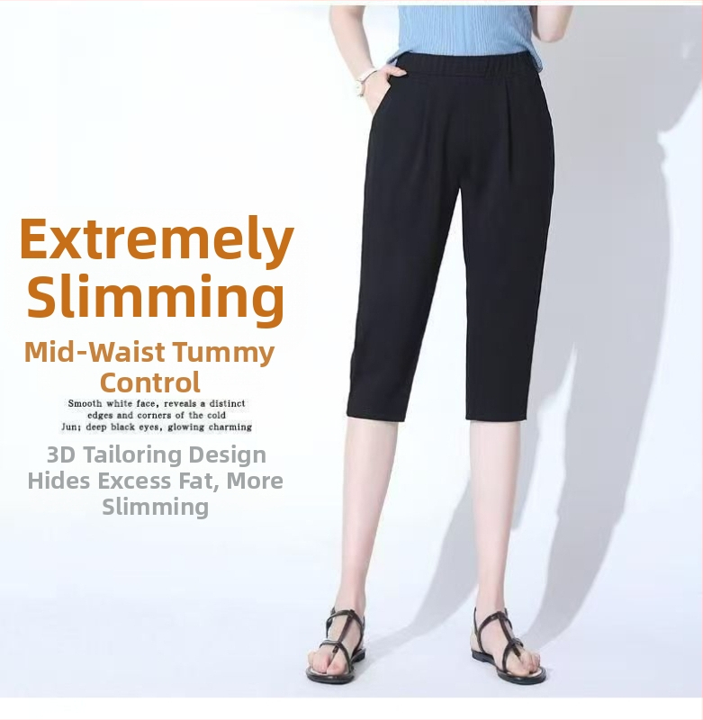 Dámske letné cropped nohavice z polyesteru, vysoký pás, rovný strih, krátka dĺžka, obsah polyesteru 50-70%