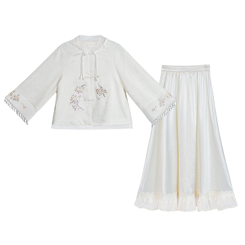 Iššiveni jacquard top sa stojećim ovratnikom, rukavi s resicama i čvorna gumbama, Hanfu set s suknjom, pamuk-poliester