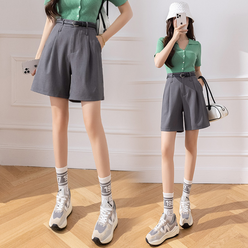 Ženske casual hlače - visokim pasom, kapri dužine, pojas, gradski stil