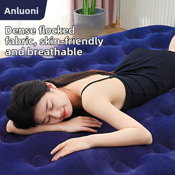 Flokitud pinnaga puhkevoodi; kokkupandav kahekohaline õhupadi 3–4 jaoks; mõõtmed 203×183 cm; kaal 3 kg; kandevõime 300 kg