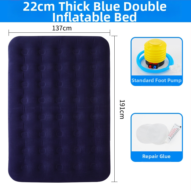 Flokitud pinnaga puhkevoodi; kokkupandav kahekohaline õhupadi 3–4 jaoks; mõõtmed 203×183 cm; kaal 3 kg; kandevõime 300 kg