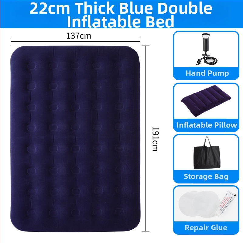 Flokitud pinnaga puhkevoodi; kokkupandav kahekohaline õhupadi 3–4 jaoks; mõõtmed 203×183 cm; kaal 3 kg; kandevõime 300 kg