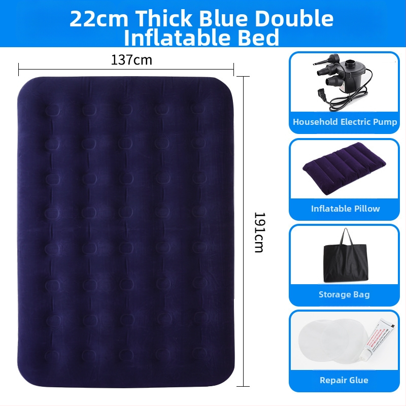 Flokitud pinnaga puhkevoodi; kokkupandav kahekohaline õhupadi 3–4 jaoks; mõõtmed 203×183 cm; kaal 3 kg; kandevõime 300 kg