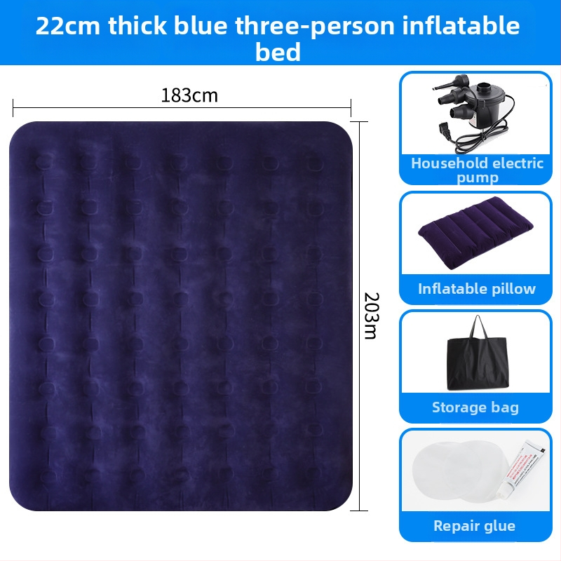 Flokitud pinnaga puhkevoodi; kokkupandav kahekohaline õhupadi 3–4 jaoks; mõõtmed 203×183 cm; kaal 3 kg; kandevõime 300 kg