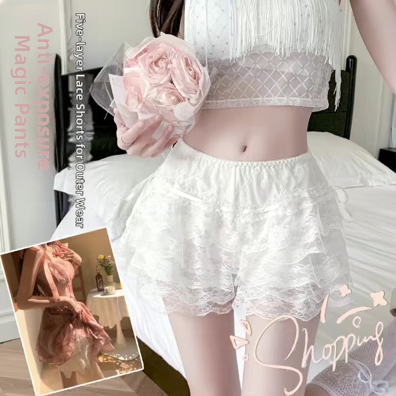 Mežģīņu piecu slāņu drošības šorti ar ārējo svārku un Pettiskirt atbalstu, viduklis vidējais, džakarda mežģīne