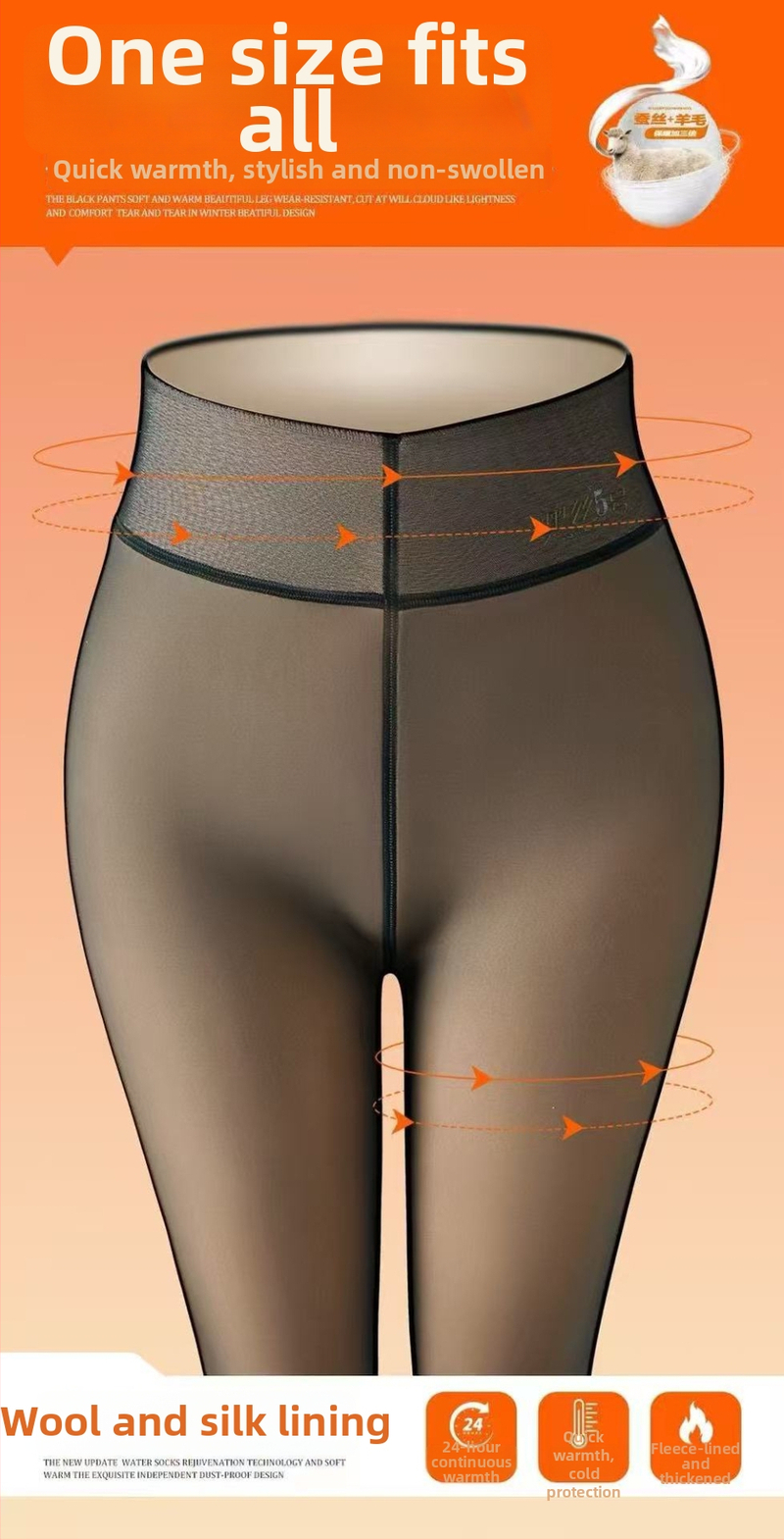 Dámske pančuchy s flísovou podšívkou, hrubšie, s efektom zdvihnutia zadku a tvarovaním, jednobarevné, 70–80% nylon, 18–40 rokov, jeseň 2024