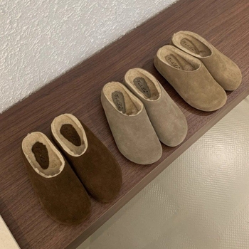 Ženske papuče od semiša u Birkenstock stilu s debelim potplatom, unutarnja podstava od umjetnoga krzna, okrugla nosnica, za jesen-zimu, vanjska uporaba