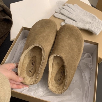 Ženske papuče od semiša u Birkenstock stilu s debelim potplatom, unutarnja podstava od umjetnoga krzna, okrugla nosnica, za jesen-zimu, vanjska uporaba