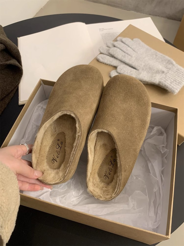 Ženske papuče od semiša u Birkenstock stilu s debelim potplatom, unutarnja podstava od umjetnoga krzna, okrugla nosnica, za jesen-zimu, vanjska uporaba