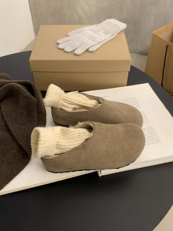 Ženske papuče od semiša u Birkenstock stilu s debelim potplatom, unutarnja podstava od umjetnoga krzna, okrugla nosnica, za jesen-zimu, vanjska uporaba
