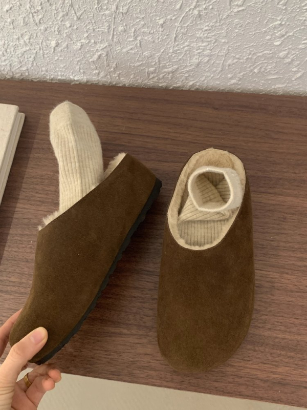 Ženske papuče od semiša u Birkenstock stilu s debelim potplatom, unutarnja podstava od umjetnoga krzna, okrugla nosnica, za jesen-zimu, vanjska uporaba