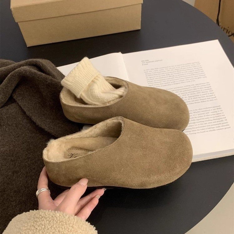 Ženske papuče od semiša u Birkenstock stilu s debelim potplatom, unutarnja podstava od umjetnoga krzna, okrugla nosnica, za jesen-zimu, vanjska uporaba