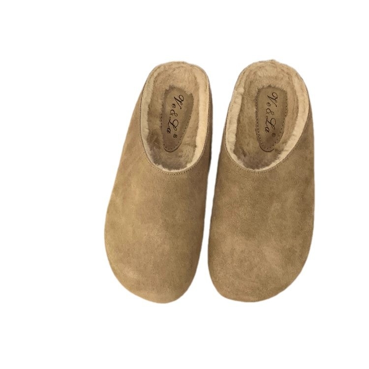 Ženske papuče od semiša u Birkenstock stilu s debelim potplatom, unutarnja podstava od umjetnoga krzna, okrugla nosnica, za jesen-zimu, vanjska uporaba