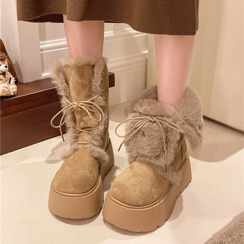 Női hócsizma suede felsőrésszel, gyapjú bélés, gumitalp, alacsony szárú, kerek orr, 3–5 cm vastag talp, téli 2025, koreai stílus