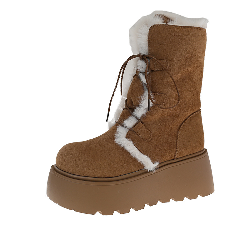 Női hócsizma suede felsőrésszel, gyapjú bélés, gumitalp, alacsony szárú, kerek orr, 3–5 cm vastag talp, téli 2025, koreai stílus