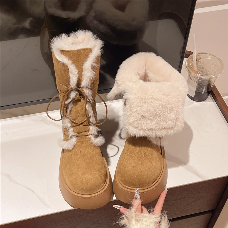 Női hócsizma suede felsőrésszel, gyapjú bélés, gumitalp, alacsony szárú, kerek orr, 3–5 cm vastag talp, téli 2025, koreai stílus