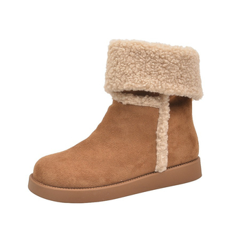 Ghete de iarnă pentru femei, exterior din microfibră piele, talpă din cauciuc, căptușeală din blană sintetică scurtă, înălțime glezna medie, toc gros 3-5 cm