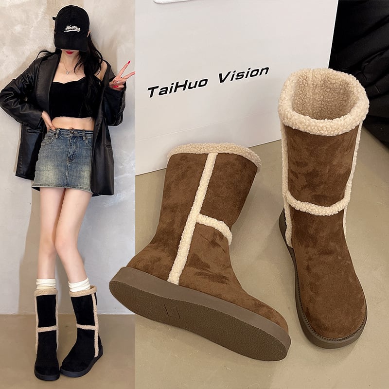 Ghete de iarnă pentru femei, exterior din microfibră piele, talpă din cauciuc, căptușeală din blană sintetică scurtă, înălțime glezna medie, toc gros 3-5 cm