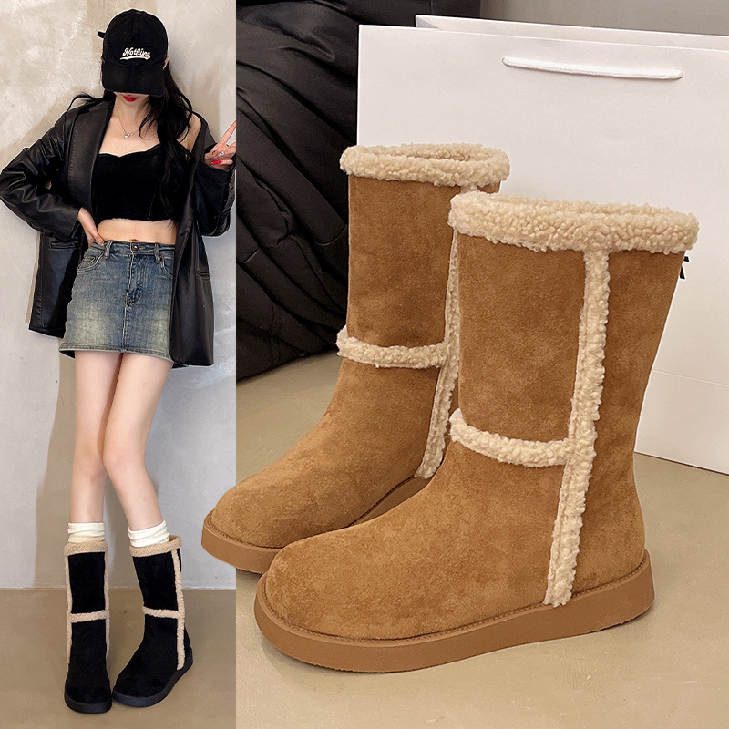 Ghete de iarnă pentru femei, exterior din microfibră piele, talpă din cauciuc, căptușeală din blană sintetică scurtă, înălțime glezna medie, toc gros 3-5 cm